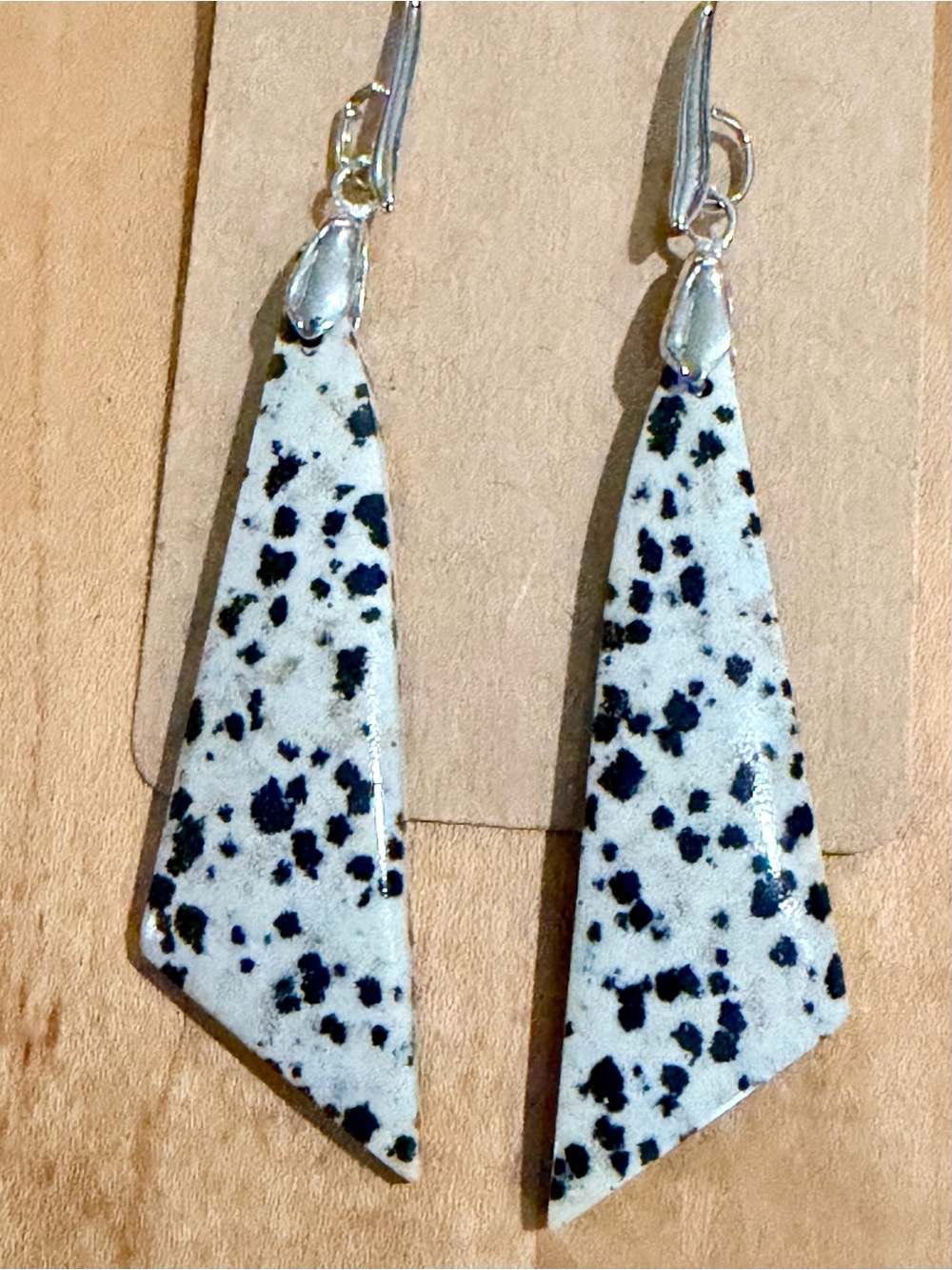 Long Dalmatian Jasper Drop Earrings - Silver Plated